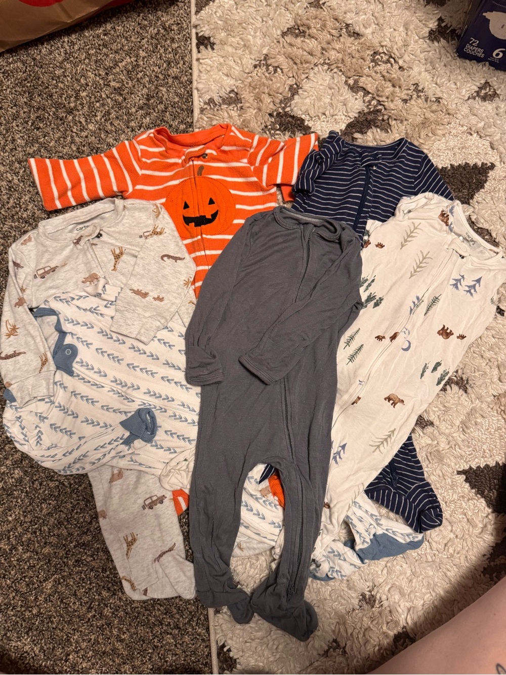 LOT of 6 Carter's Sleep Onesies Orange Striped Pumpkin & Neutral Mixed Set